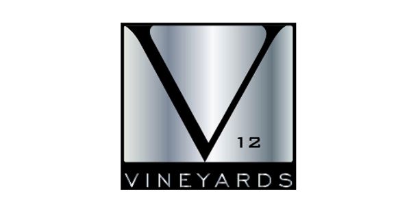 Logo of V12 Vineyards with a metallic finish.