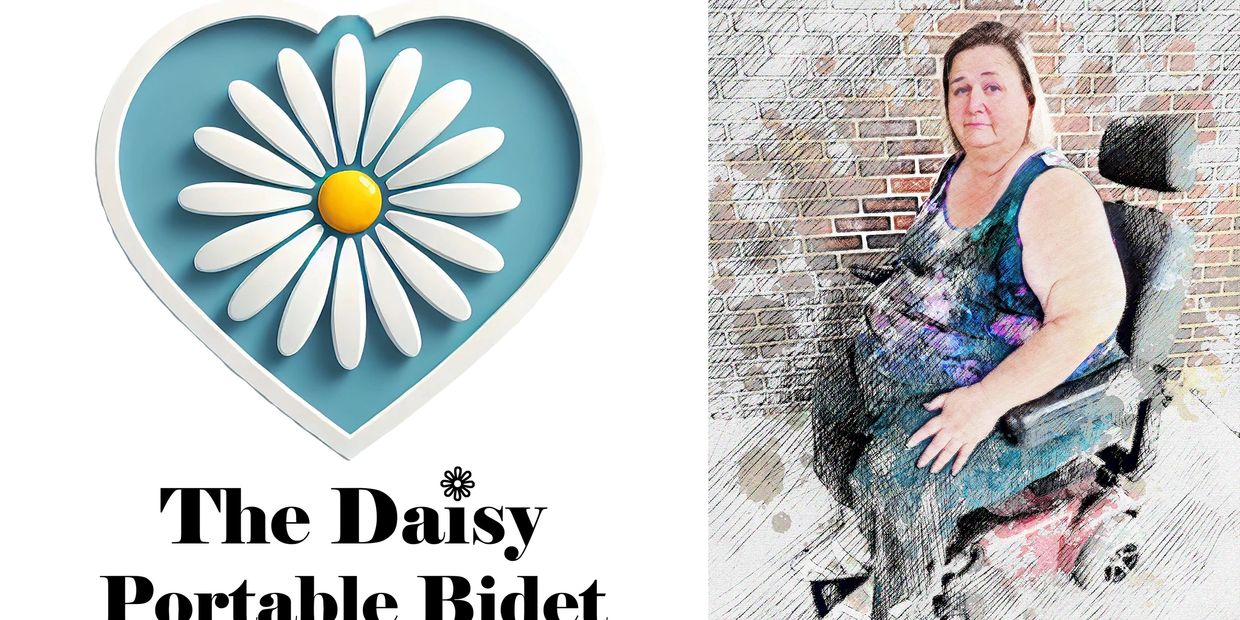 The Daisy Portable Bidet logo w/ a white daisy inside a blue heart, next to Cheri, a wheelchair user.