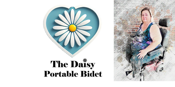 The Daisy Portable Bidet logo next to an image of Cheri Mitchell looking confident in wheelchair.