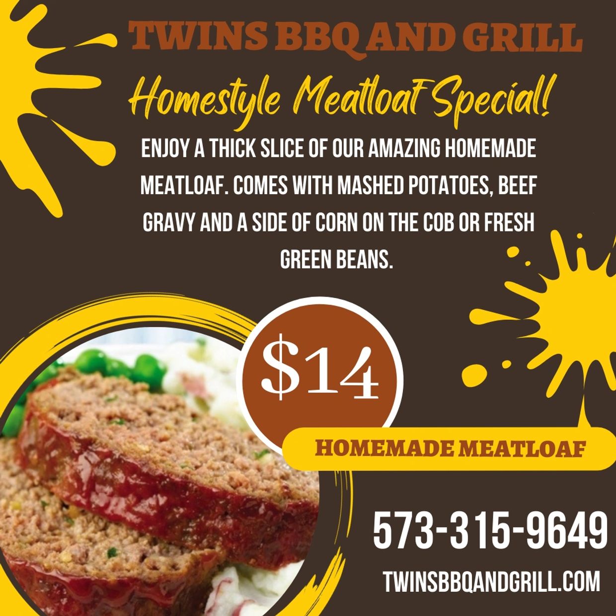 Come in every Thursday at Twins BBQ And Grill in Farmington Missouri for home style meatloaf. 