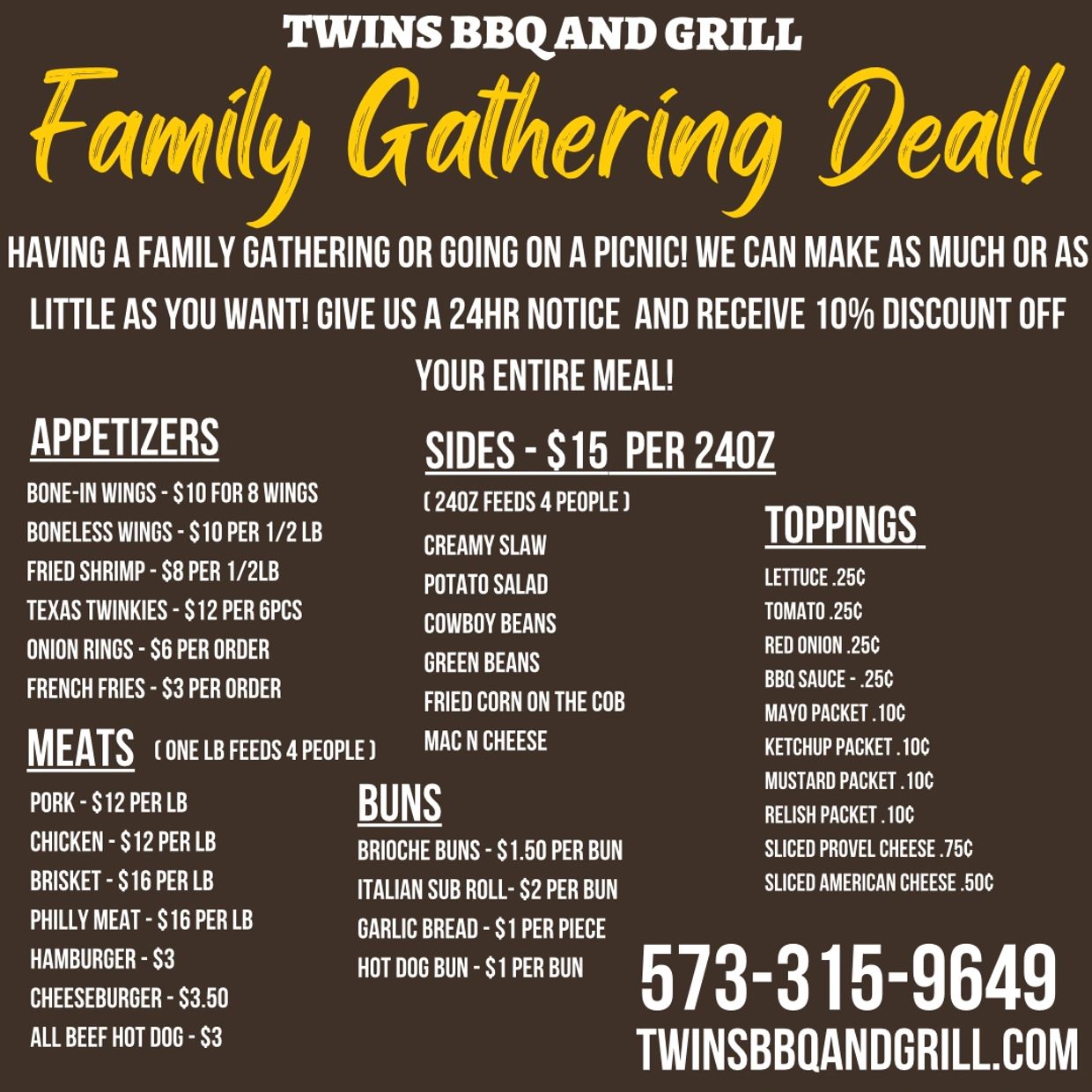 Family Meal Deals at Twins BBQAnd Grill in Farmington, MO 63640