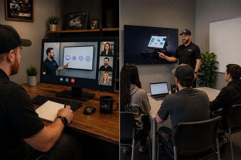 Virtual and in-person business technology training sessions showing remote instruction on a computer and hands-on team training in a meeting room
