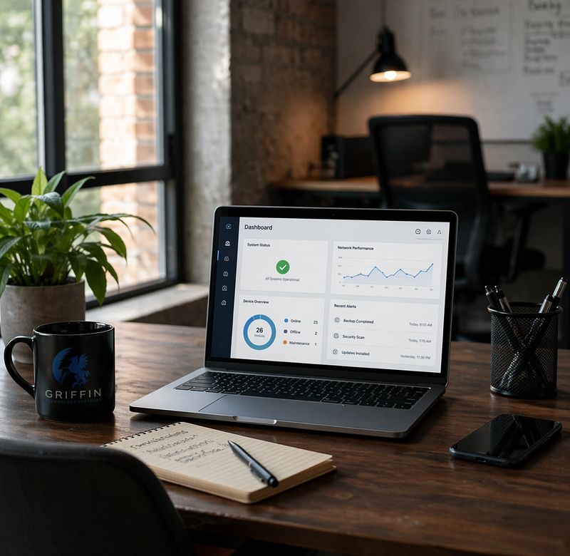 Modern office workspace with laptop displaying business dashboard, coffee mug, and notebook representing small business technology and operations