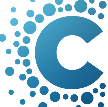 Blue letter C surrounded by blue circles.