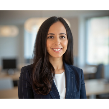 Professional woman in a modern office setting, smiling confidently.