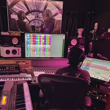 Nate Ridgeway with the Star Wars Neve mixing console recording Neve 8108 81 Series