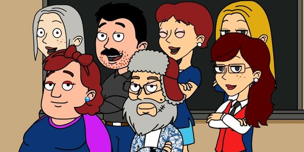 A group of animated characters posing together indoors.