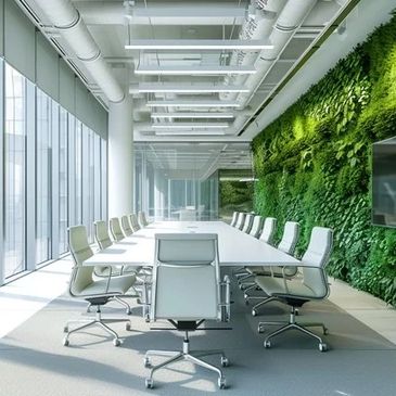 Modern conference room with greenery wall and white chairs.