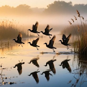 Ducks taking flight over a calm, reflective water surface at sunrise.