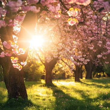 Sunlight filters through blooming cherry blossom trees in a peaceful park.