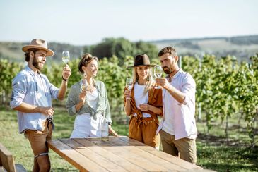 Four friends enjoying a wine tasting outdoors at a vineyard.