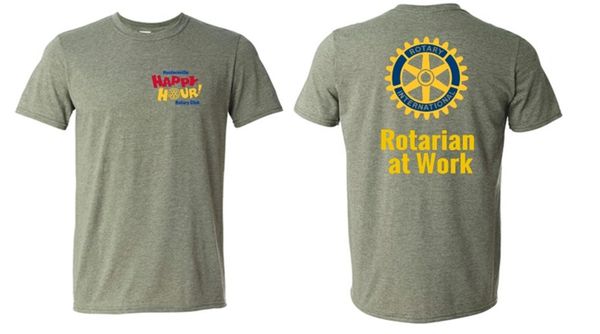 Gray Rotary Club t-shirt with logo and 'Rotarian at Work' text.