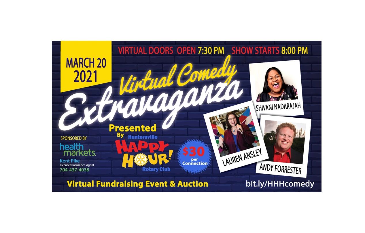 Virtual Comedy Extravaganza fundraiser on March 20, 2021, featuring three comedians.
