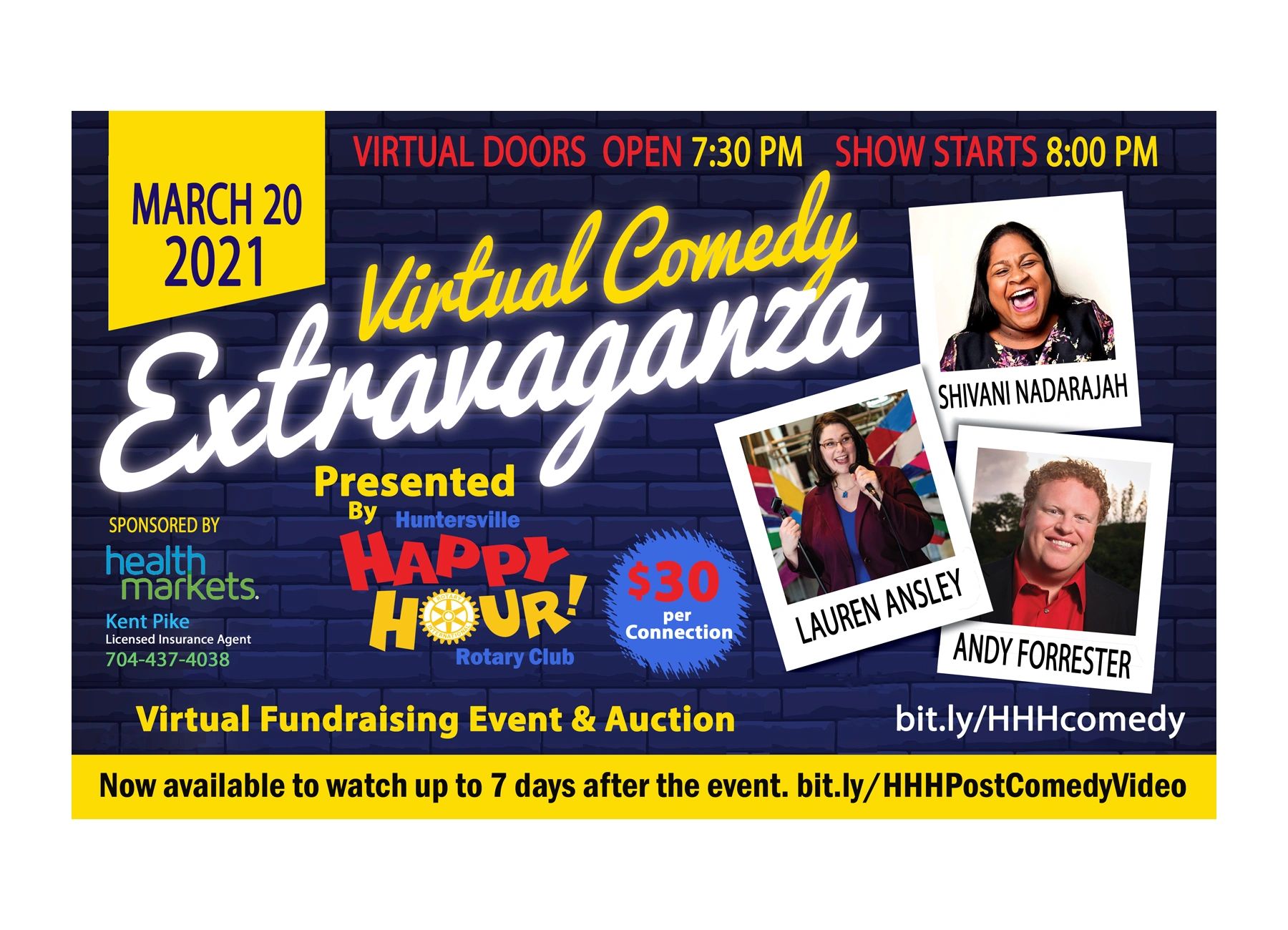Virtual Comedy Extravaganza on March 20, 2021, featuring Shivani Nadarajah, Lauren Ansley, and Andy Forrester.