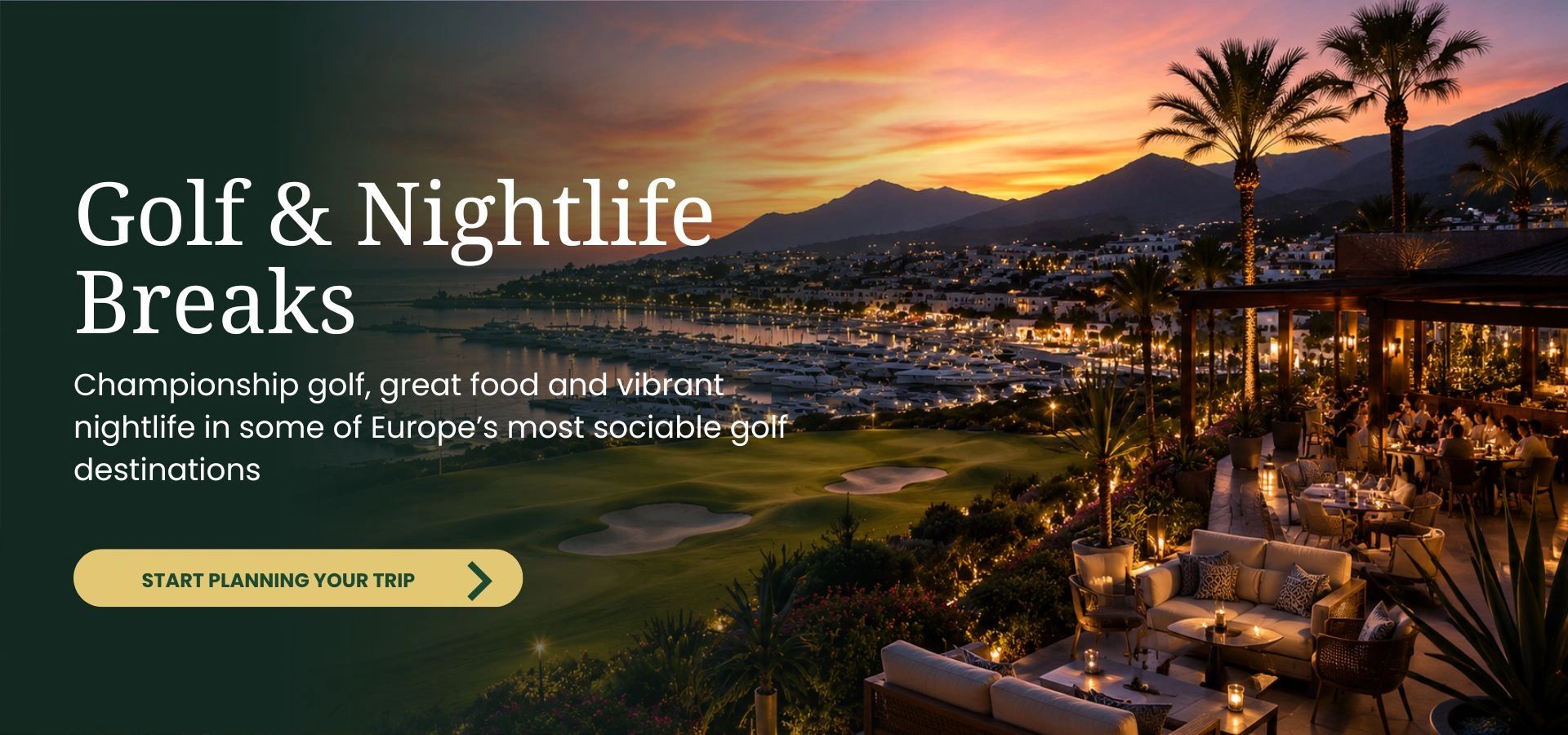 An image of a Mediterranean resort at dusk, with a restaurant in the foreground, then a golf course,