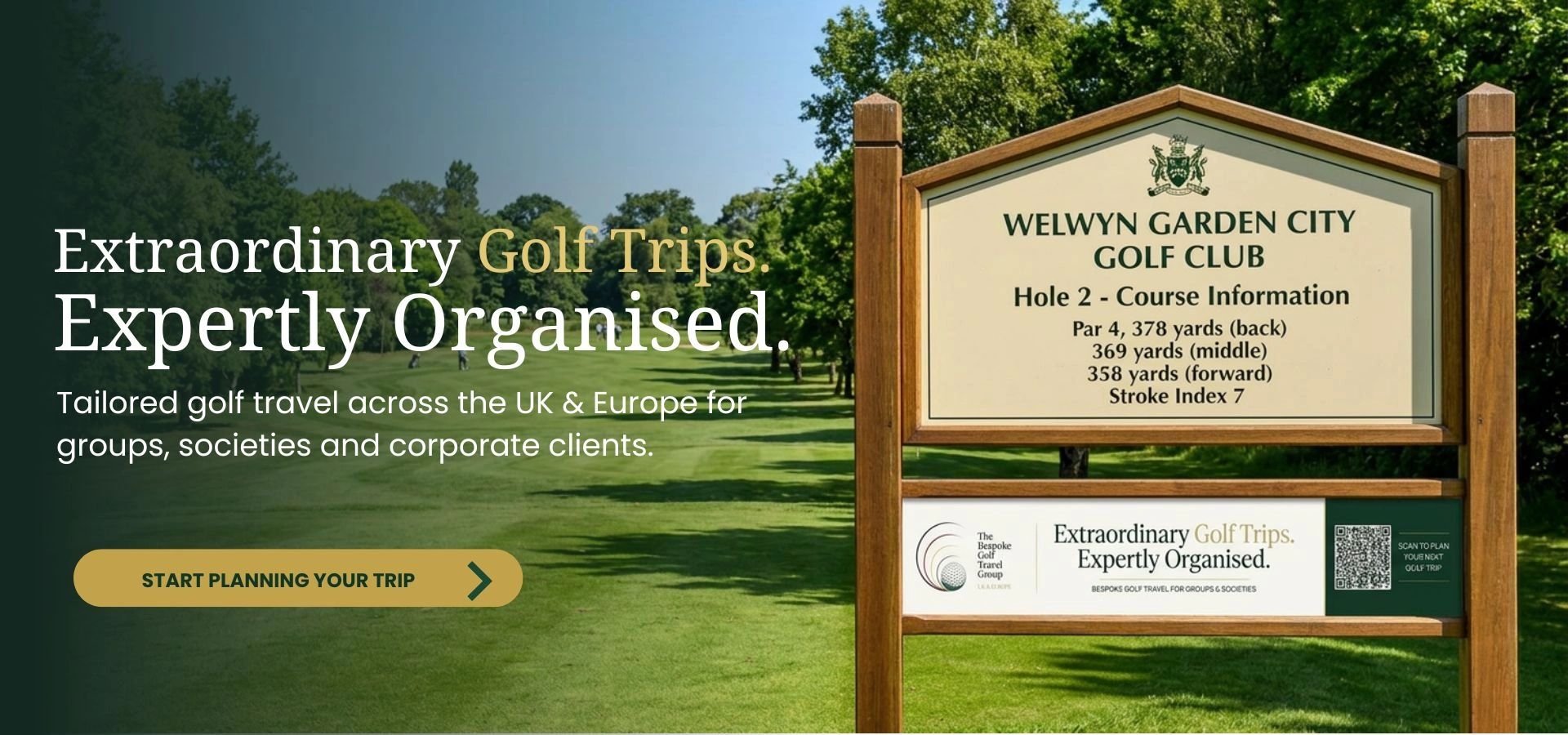 Golf course sign at Welwyn Garden City Golf Club with travel planning message.