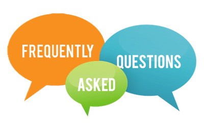 Three thought balloons with Frequently Asked Questions in them.