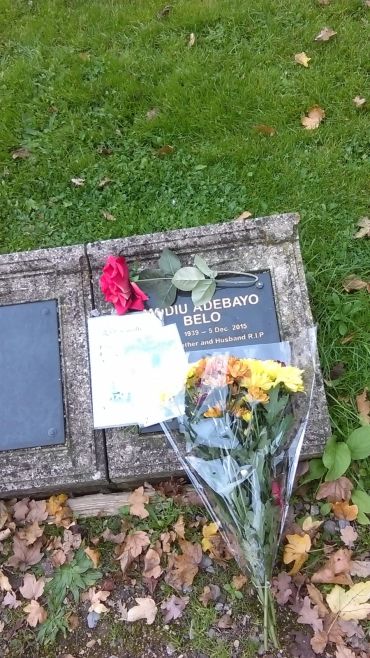 Grave with flowers and a card on a green grassy patch with fallen leaves.