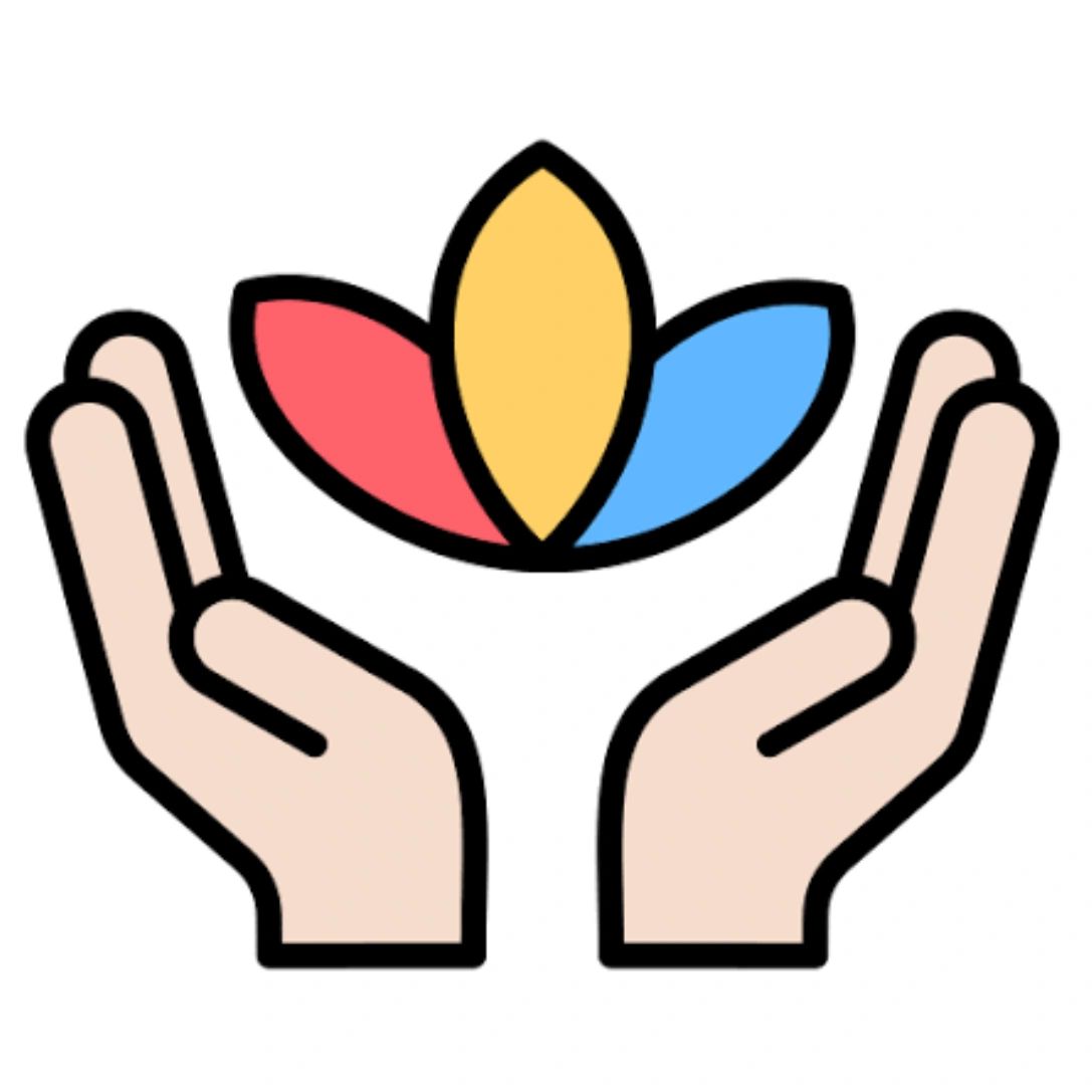Two hands holding a colorful three-petal flower symbol.
