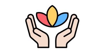 Two hands holding a colorful three-petal flower symbol.