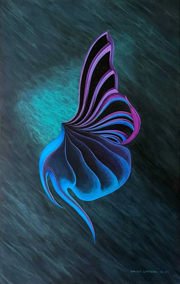 Abstract glowing butterfly wing in blue, purple, and black.