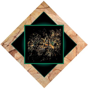Abstract square design with earthy tones and black center.