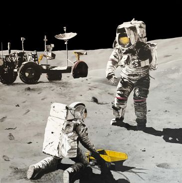 Astronauts exploring the moon's surface with rover in background.