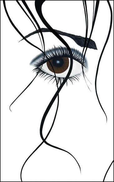 Close-up illustration of a brown eye with flowing black hair strands.