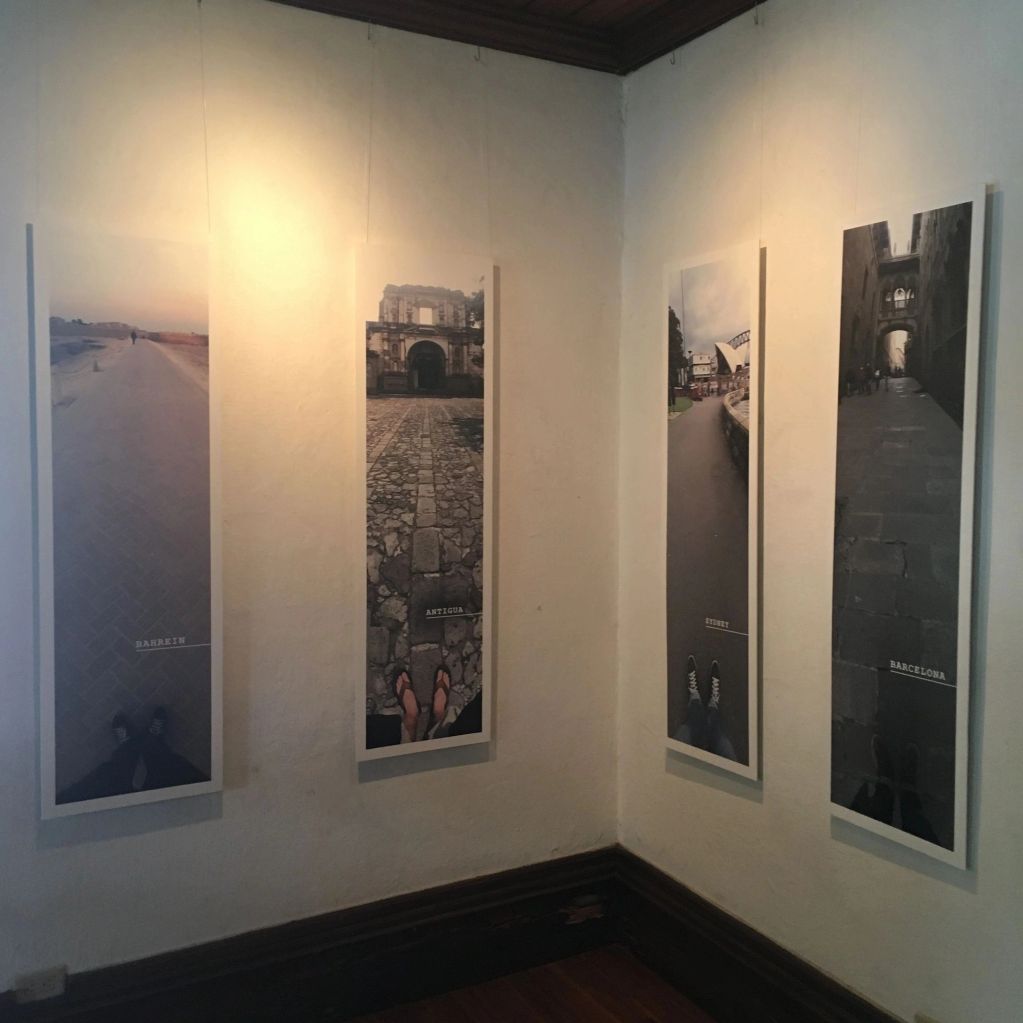 Four vertical photos of feet and streets from different cities.