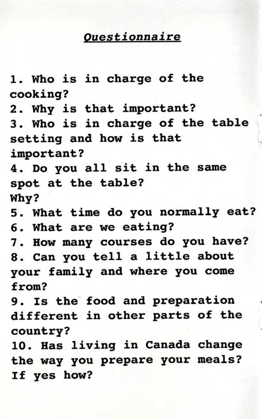 A questionnaire about family meal routines and food preparation.