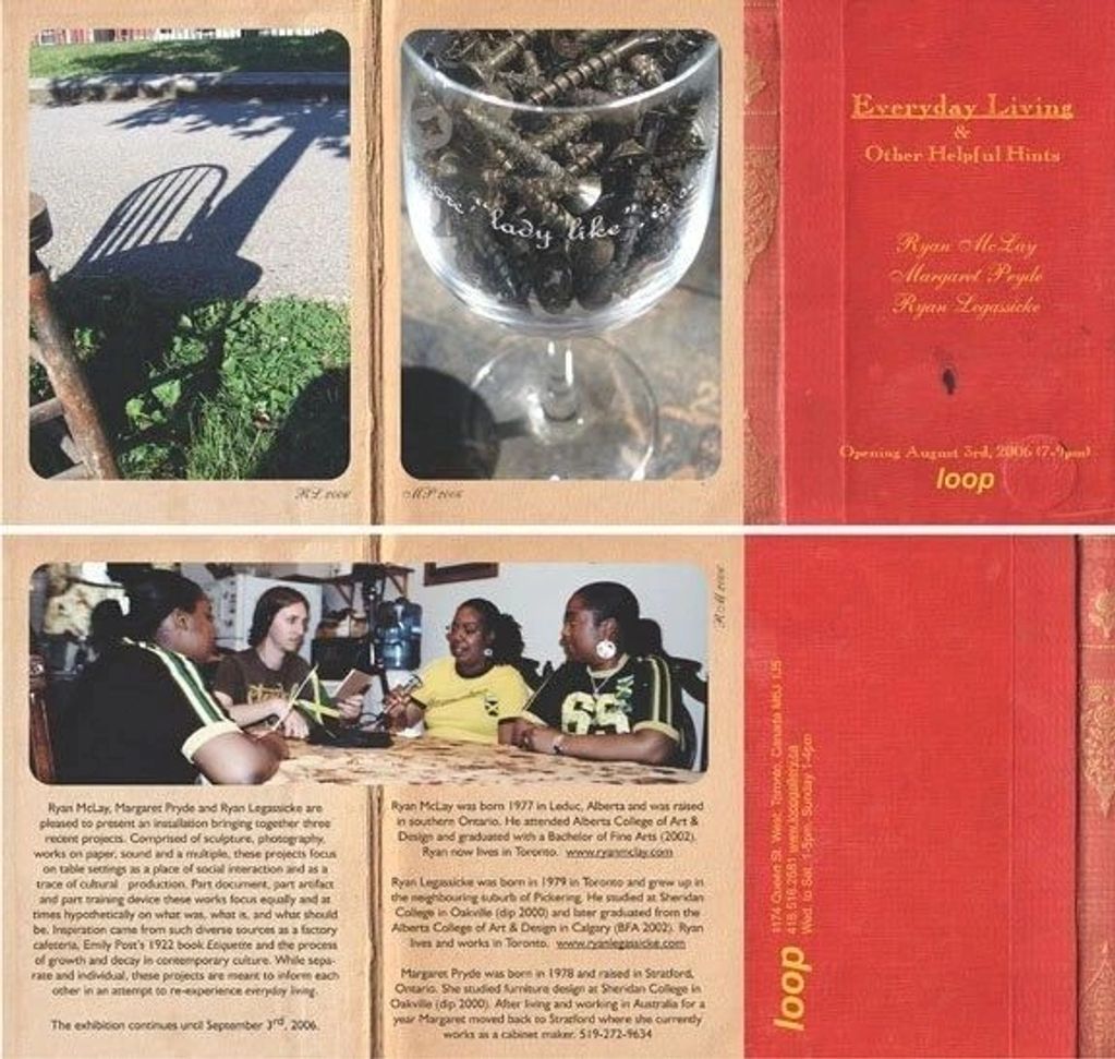 Exhibition brochure for "Everyday Living &amp; Other Helpful Hints" by Ryan McLay, Margaret Pryde, and Ryan Lepsasicke.