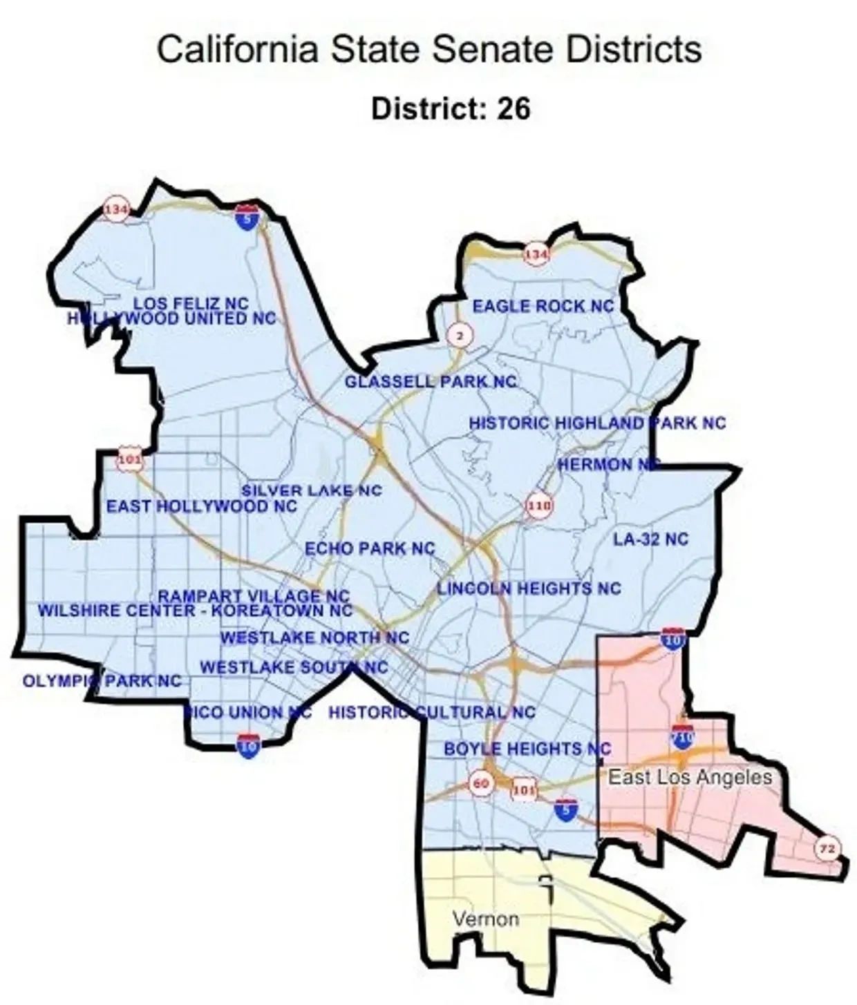 Map of California State Senate District 26 highlighting neighborhoods and highways.
