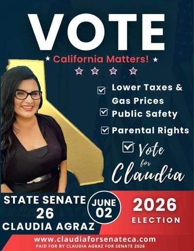 Campaign poster for Claudia Agraz running for California State Senate in 2026.