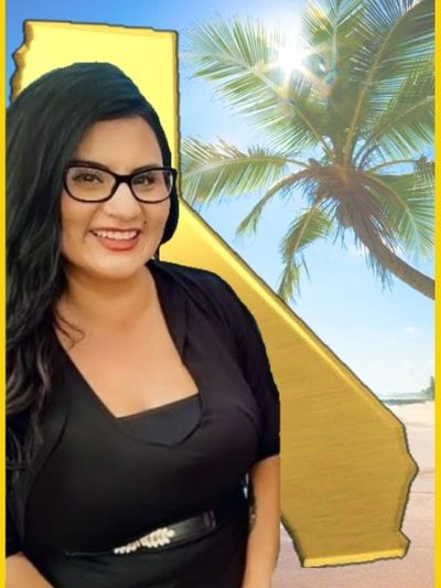 Woman smiling with a palm tree and California state outline background.