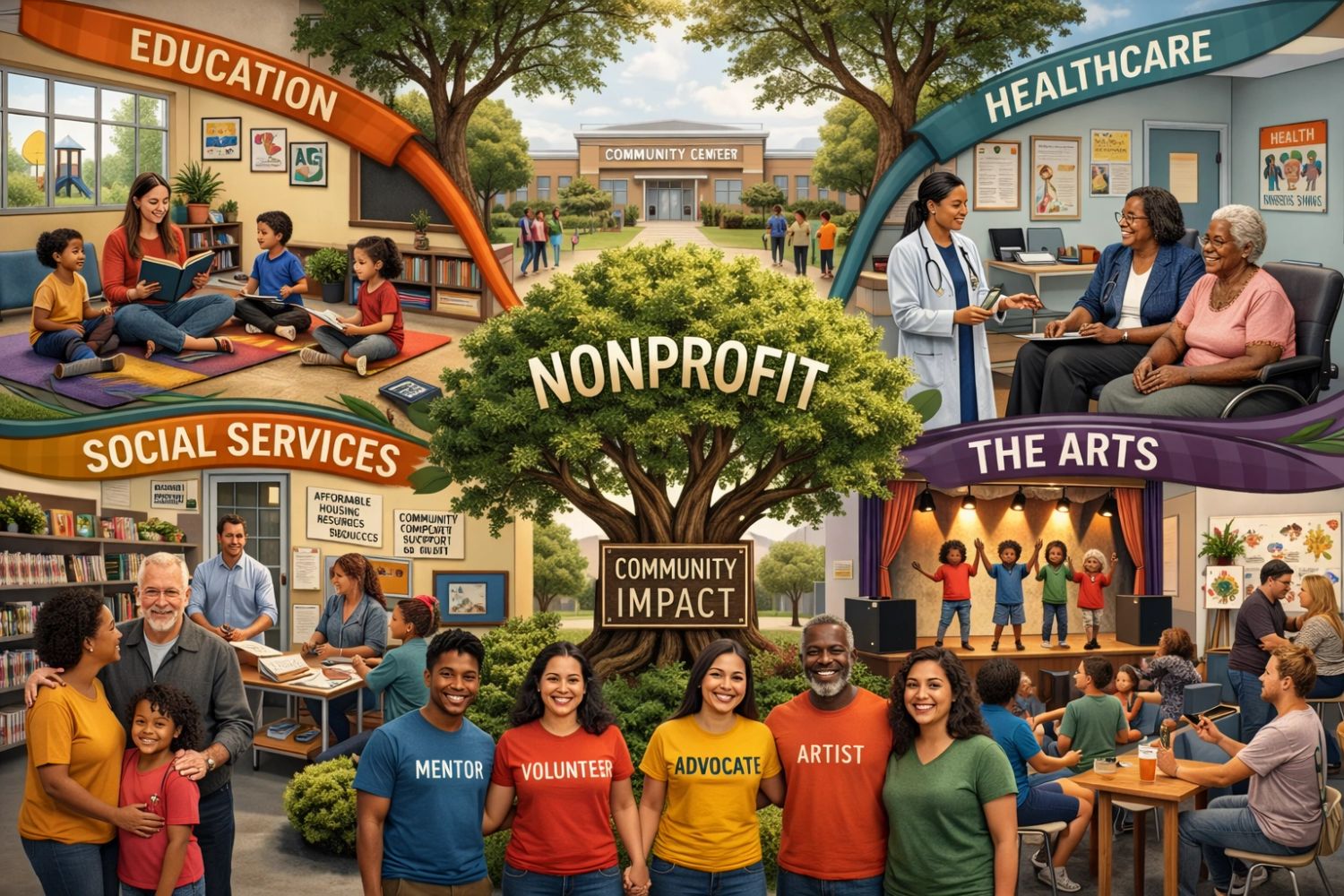 A vibrant community scene showcasing nonprofit efforts in education, healthcare, social services, and the arts.