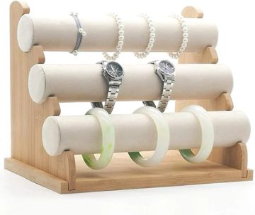 Jewelry and watch organizer with wooden frame and padded rods