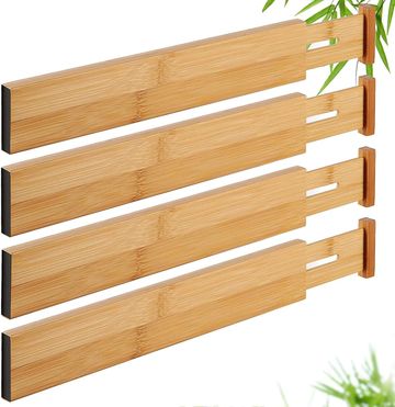 Expandable bamboo shelf rack with four levels.