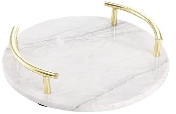 Round marble tray with gold handles.
