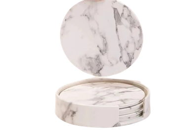 Set of round marble-patterned coasters with holder.