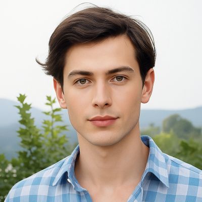 Young man outdoors wearing a blue checkered shirt.