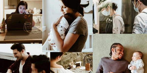 Collage of people working, reading, and bonding with babies in cozy, everyday settings.