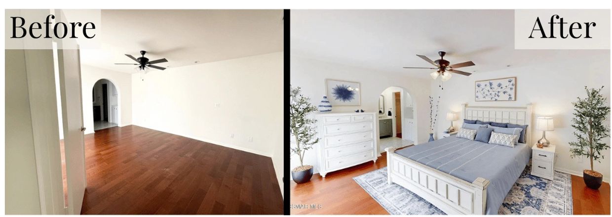 Bedroom Before and After Staging by Magnolia Staging Solutions at 2847 Cedar Wood Place, Thousand Oa