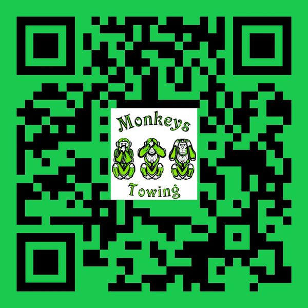 Green and black QR code with a monkeys towing logo in the center.