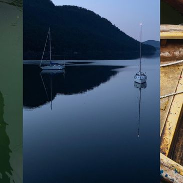 Boats attached to a mooring.