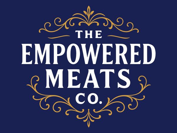 Elegant logo for The Empowered Meats Co. with decorative gold flourishes on navy background.