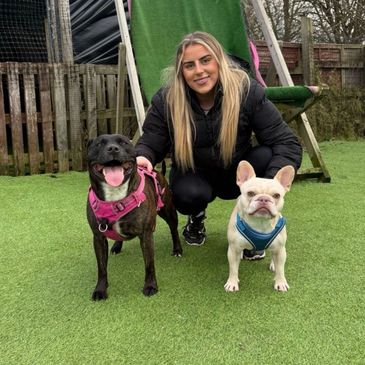 Woman crouching with two dogs on green grass, one black and one white.
