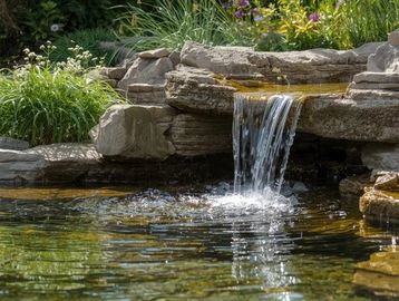 A small waterfall flows into a clear pond surrounded by rocks and greenery.