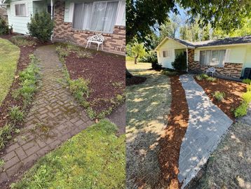 Before and after photos of a home walkway renovation with new paving and landscaping.