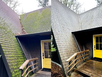 Side-by-side comparison of a moss-covered roof before and after cleaning.