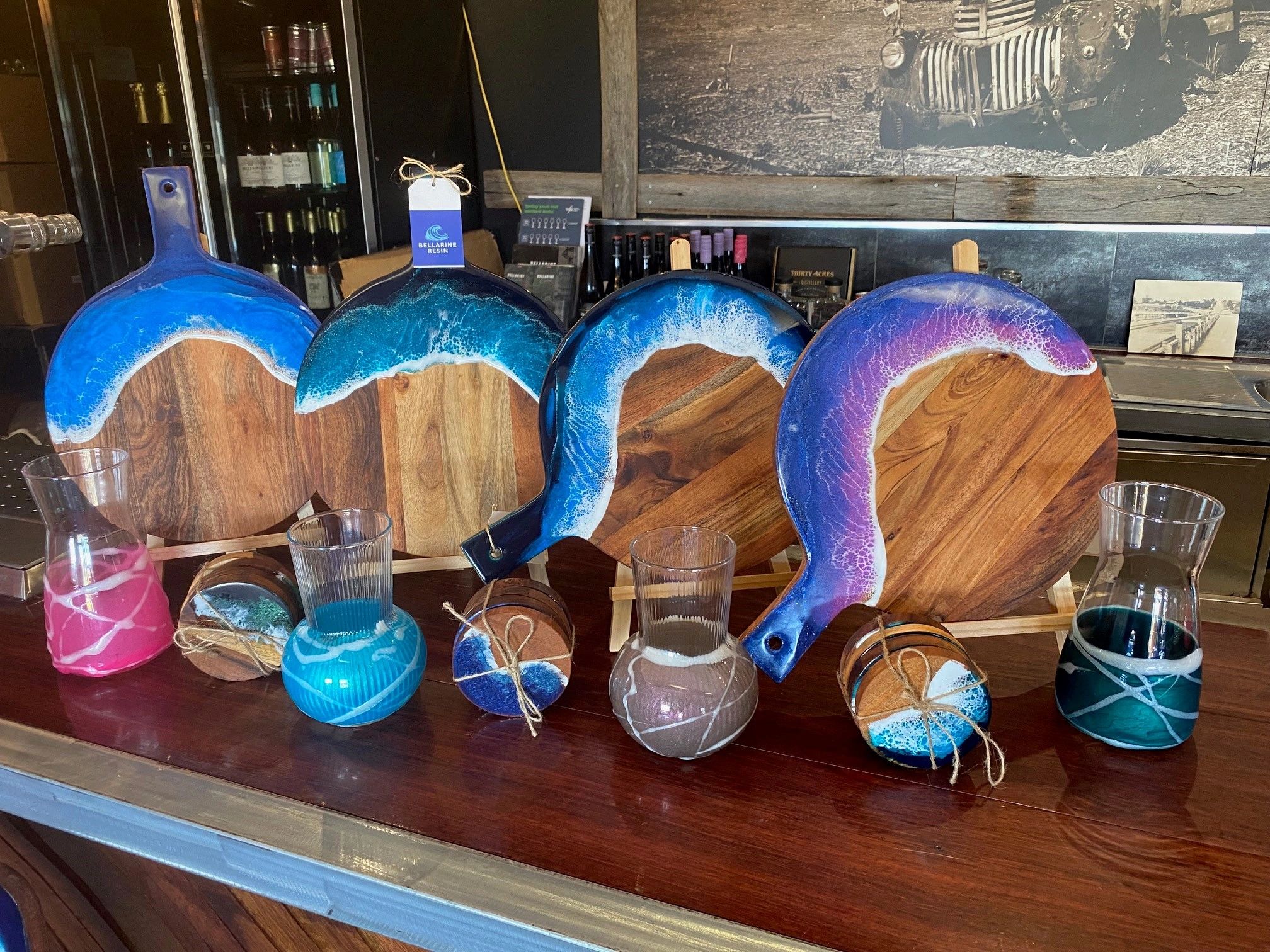 Bellarine Resin serving boards, coasters and glassware with ocean-inspired designs
